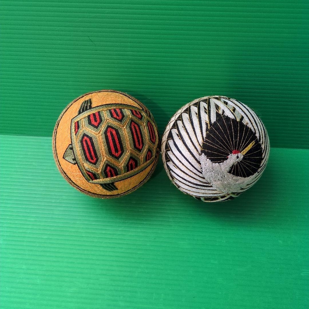 Vintage Japanese Temari Ball Set of 2 Crane Turtle Lucky Charm Interior Decor JP