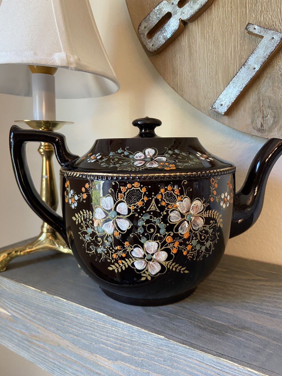 VTG English Tea Pot, Price Bros Hand Painted Gold Trim Dark Brown Folk Art