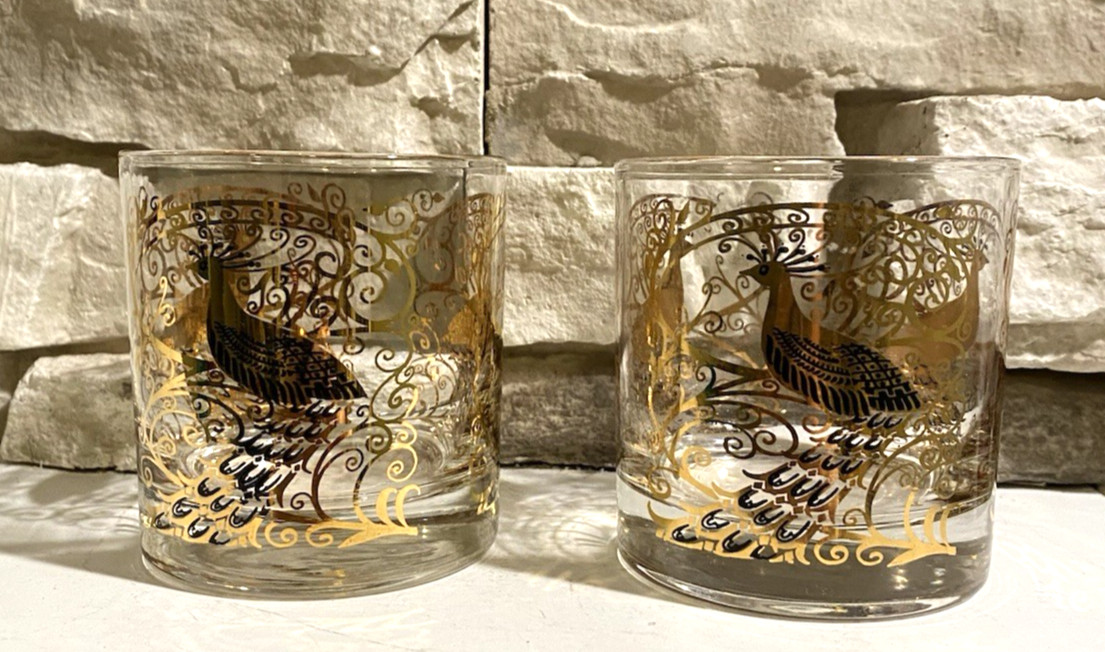 MCM Osborne Kemper Thomas Gold Peacock Old Fashioned Glasses 3.5\