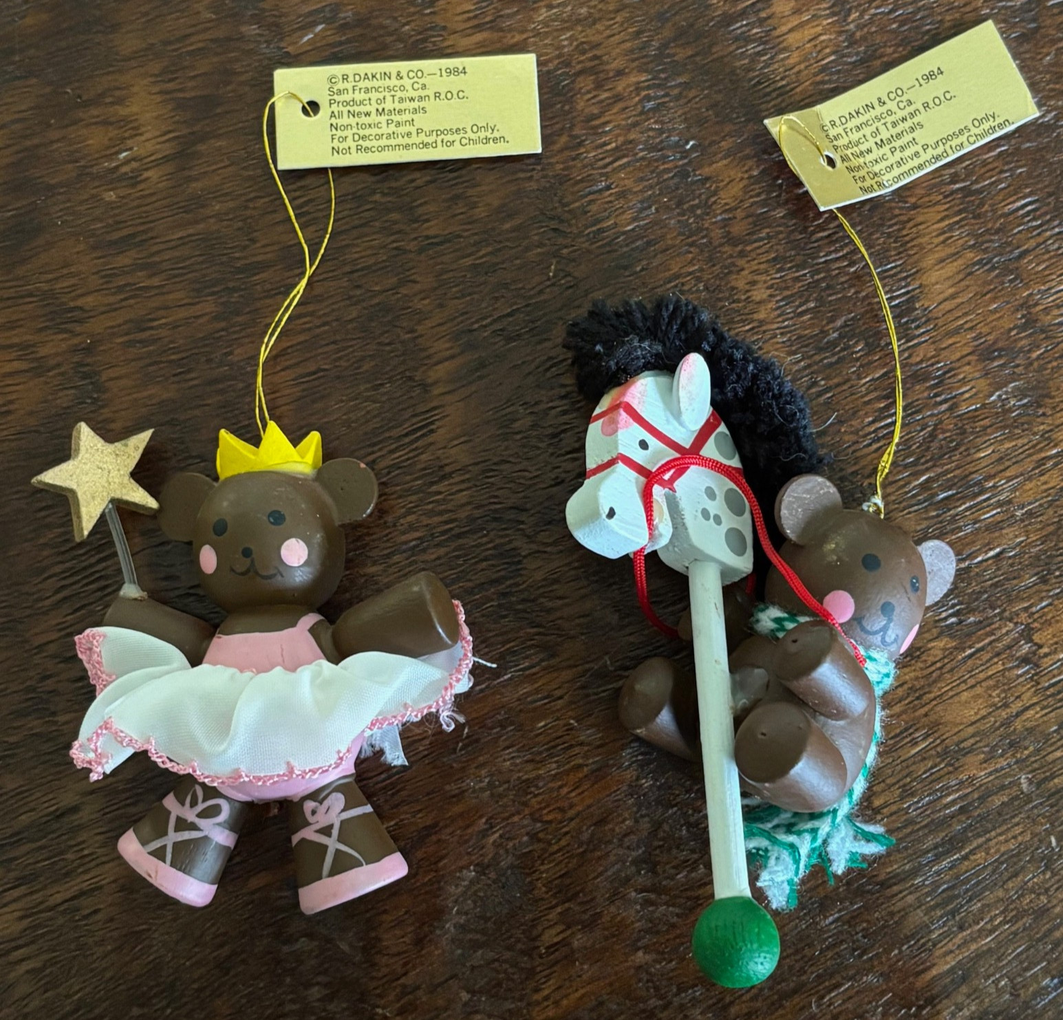 Vintage 80s Dakin Teddy Bear Ballerina Stick Horse Christmas ornaments VTG wood