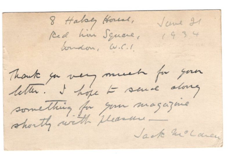 Jack McLaren Signed Postcard 1934 / Autographed Australian Writer, Novelist