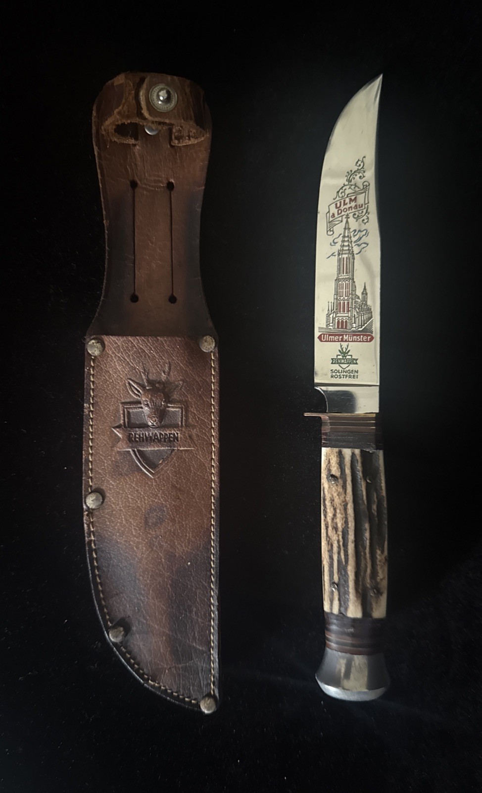 Linder Rehwappen Solingen Rostfrei Stag Handle Ulmer Munster Knife w/Sheath Linder Rehwappen Solingen Rostfrei Stag Handle Ulmer Munster Knife w/Sheath