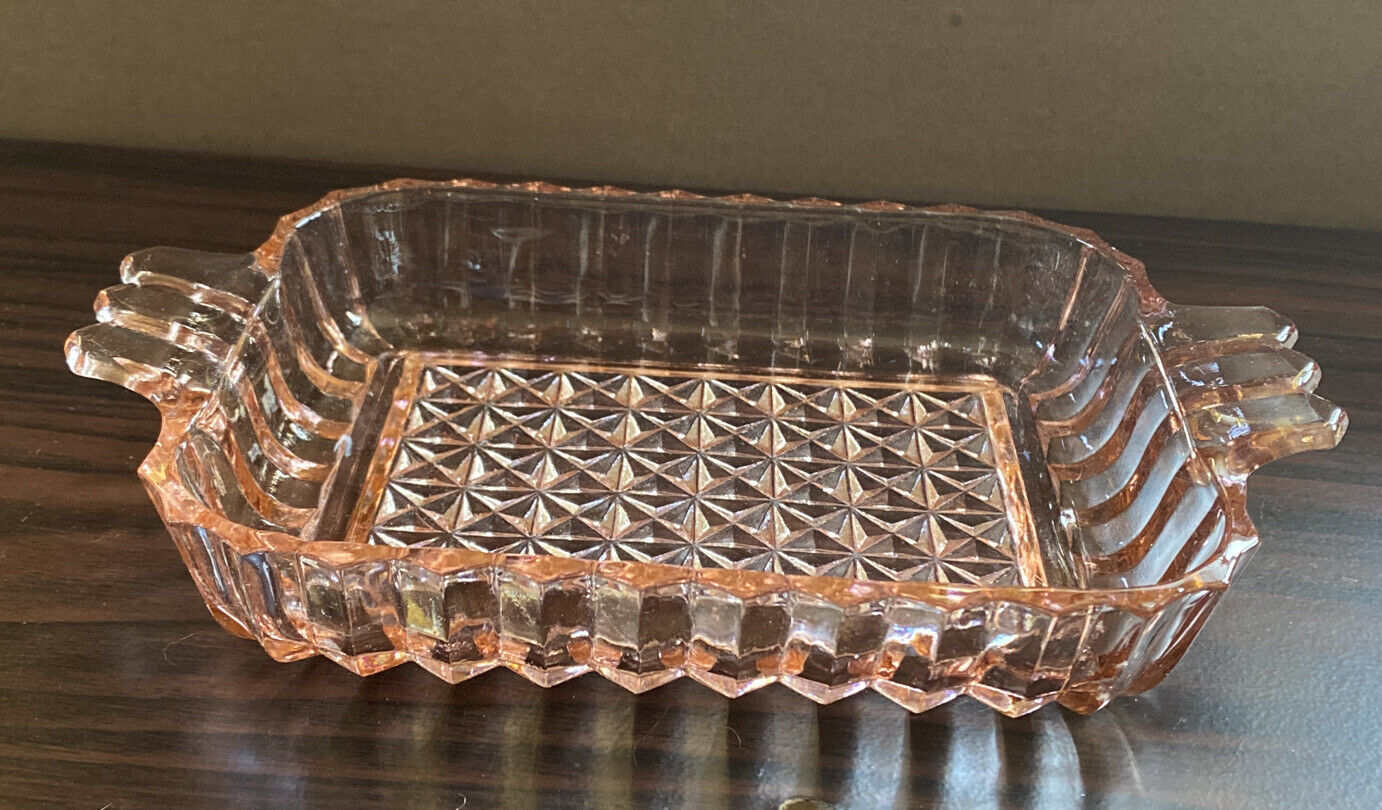 Anchor Hocking Depression Pink Glass Handled Rectangle Dish Tray Trinket Candy