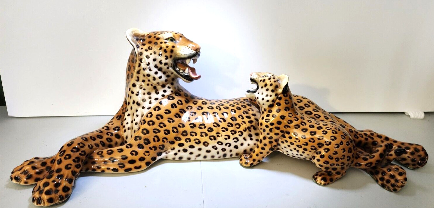 MCM Giovanni Ronzan Leopard and Cub Statue Art Piece Ceramic Ita1y 1960s