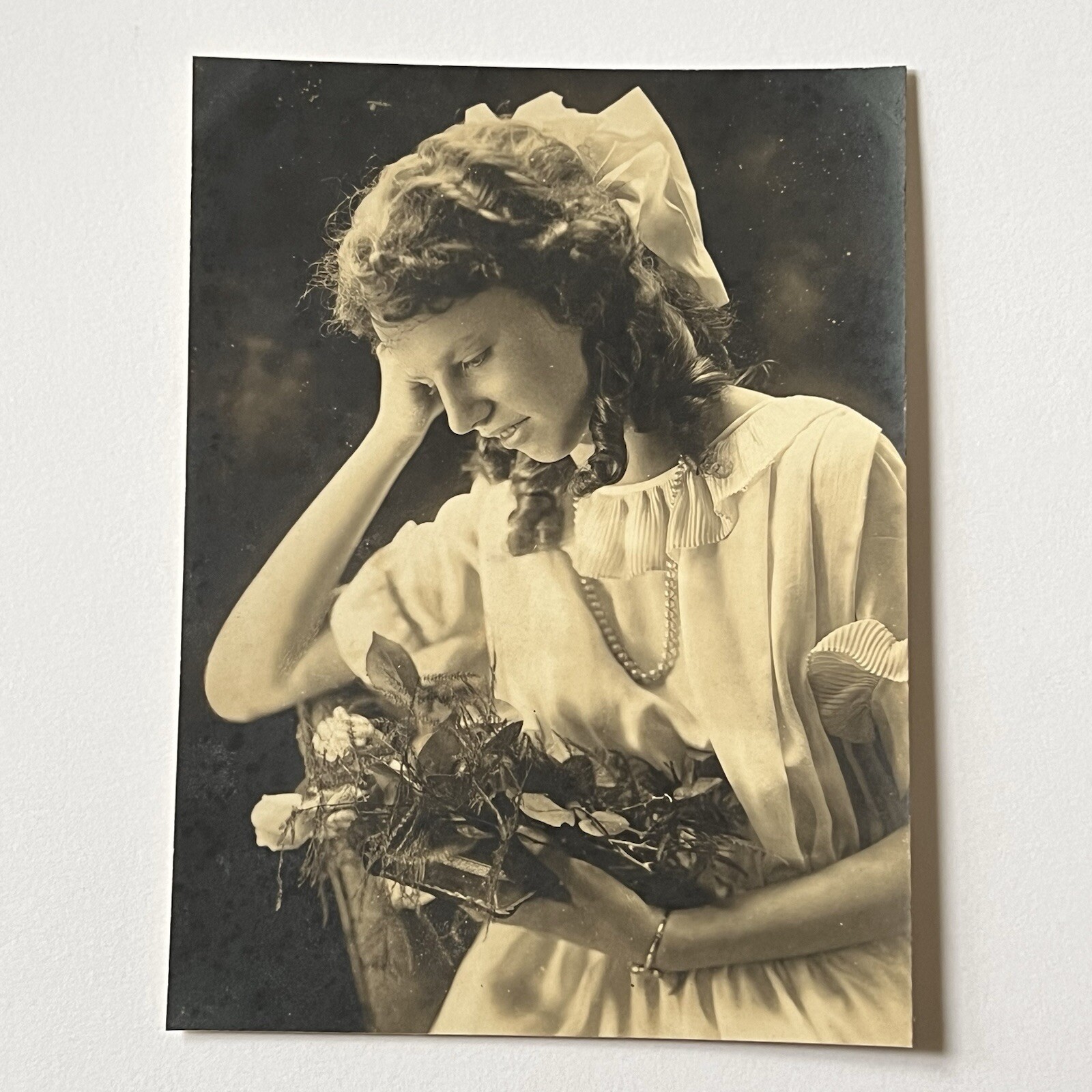 Vintage Sepia Studio Photograph Adorable Girl Teen Looking A Flower Bouquet