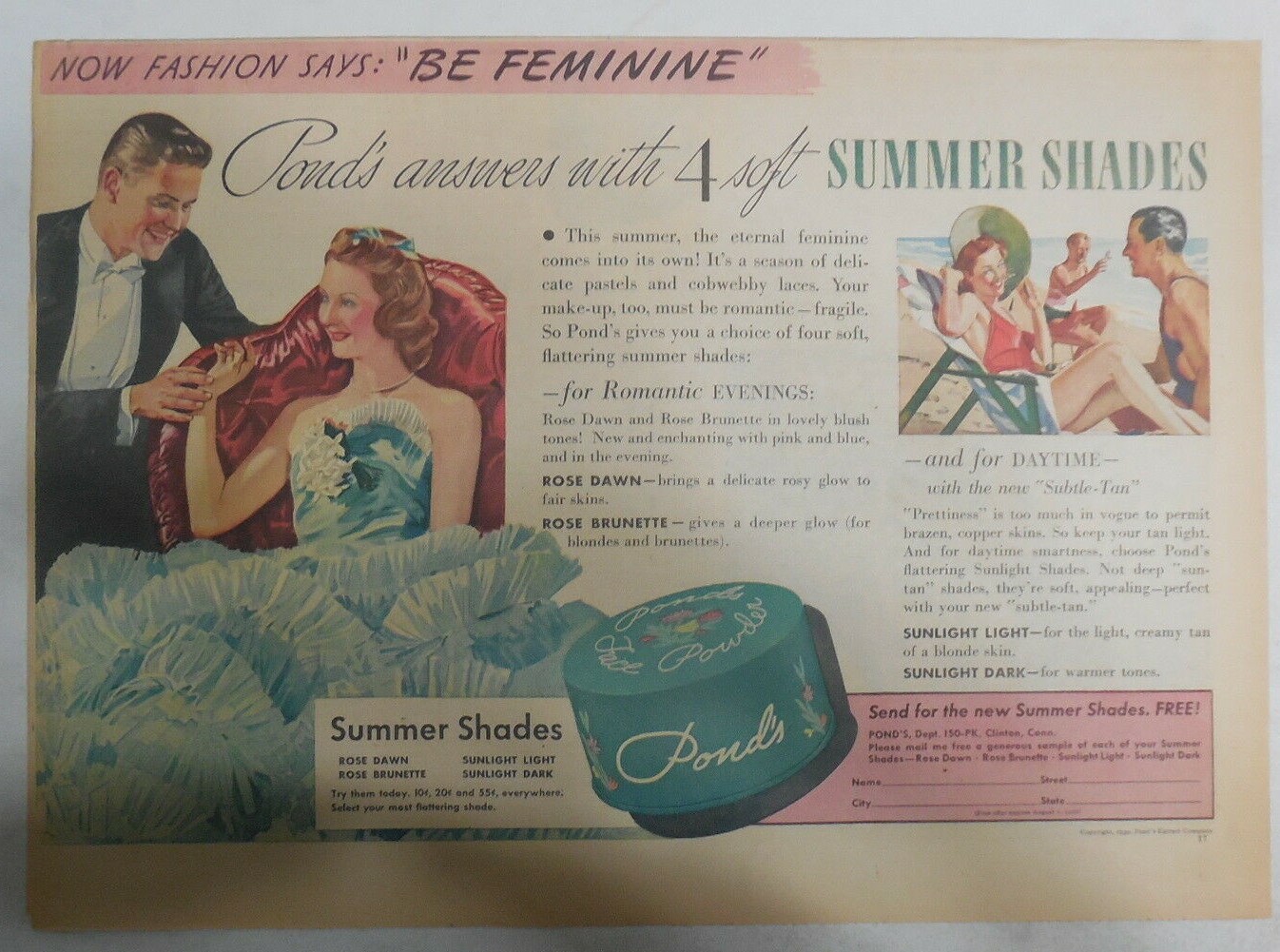 Pond's Ad: Four New Summer Shades of  Pond's Powder  from 1939 11 x 15 inch