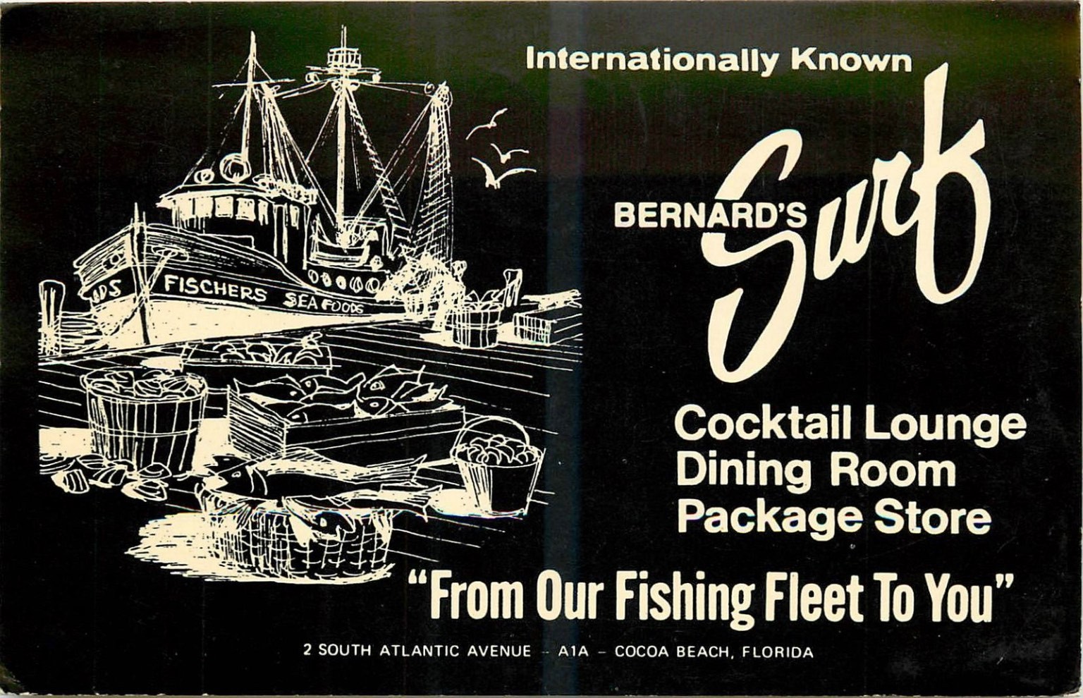 Vintage  Bernard\'s Surf Cocoa Beach FL Fishing Boat Advertising Postcard