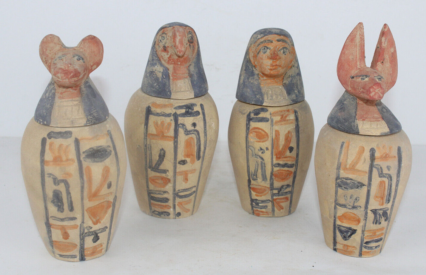 4 UNIQUE PHARAONIC ANCIENT EGYPTIAN Mummified Canopic Jar Horus Sons Statues BA