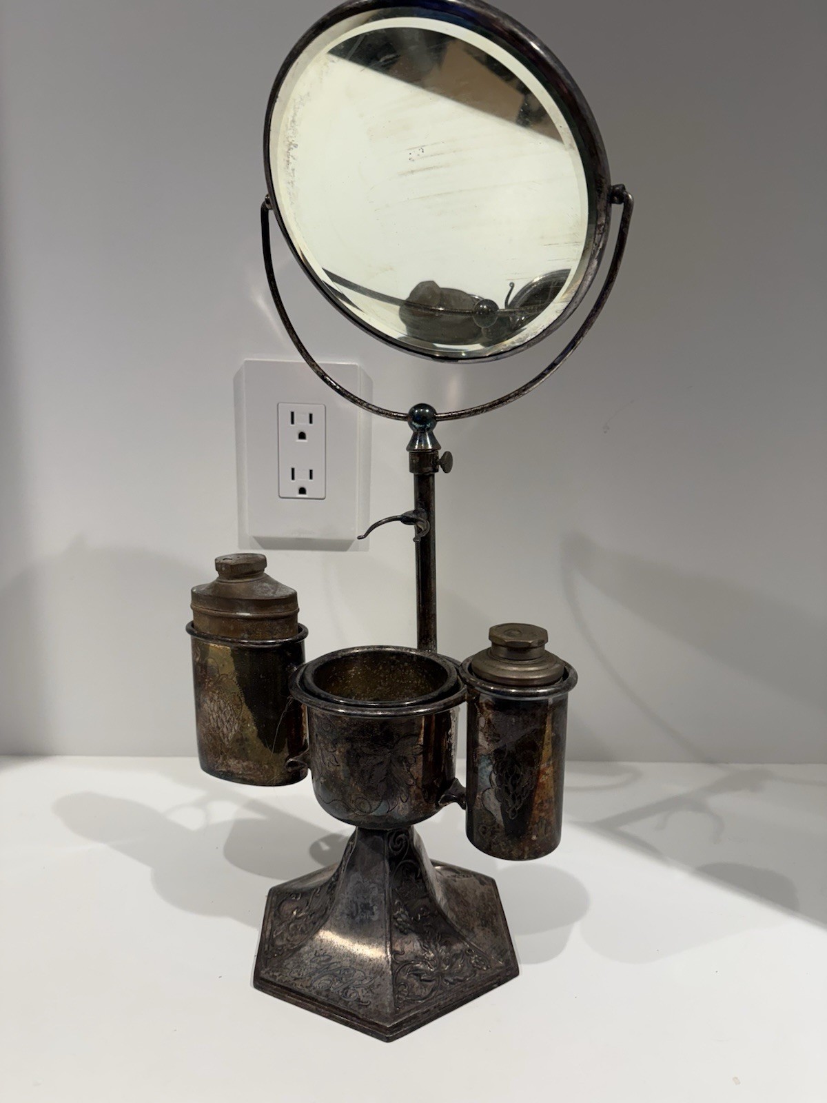 Antique F.B. Rogers Silver Plate Shaving Mirror Stand w/ Colgate Tins Barber