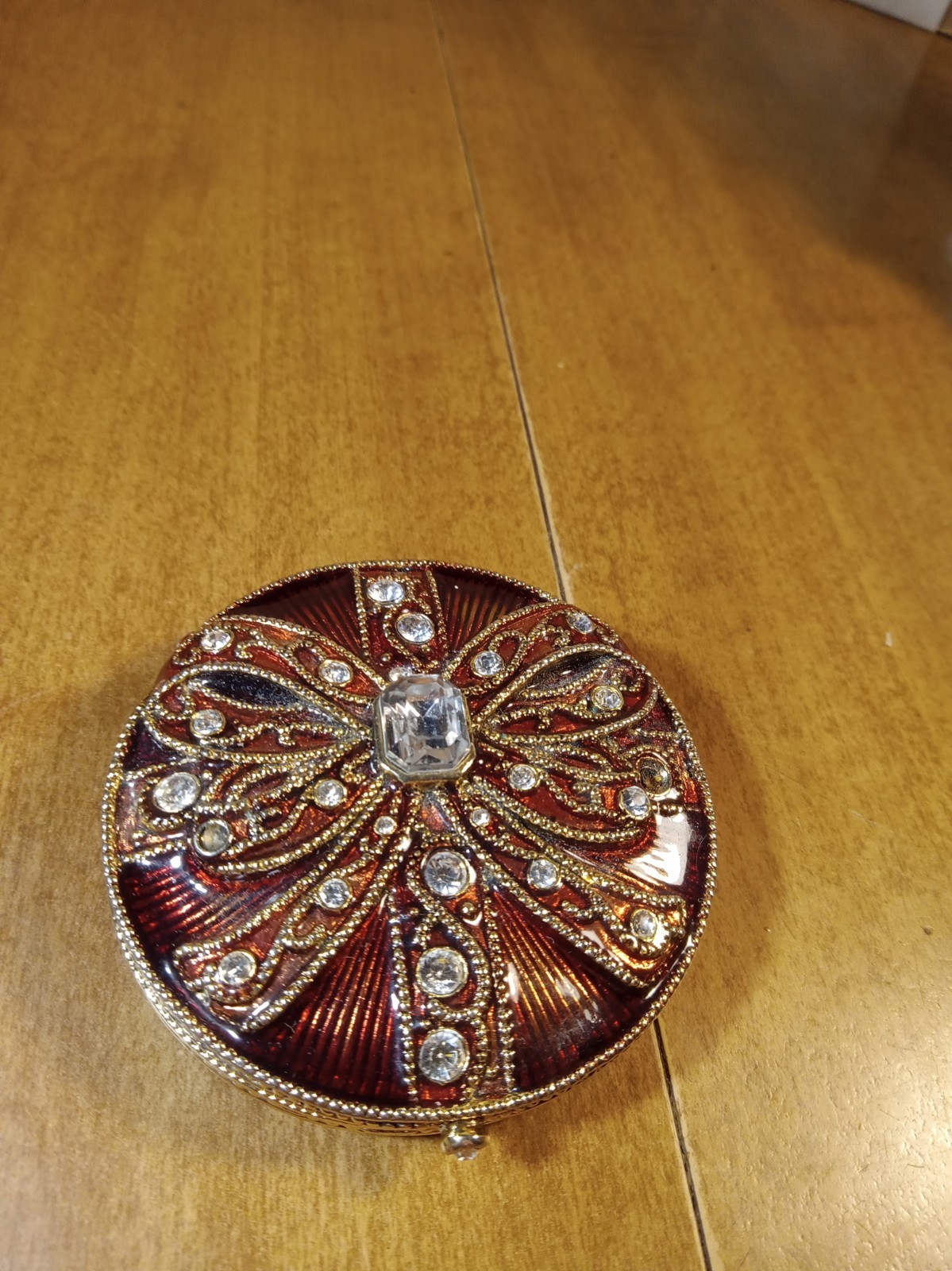 Vintage Monet Compact Mirror Red Ribbon Bow W Rhinestones Ornate Retro