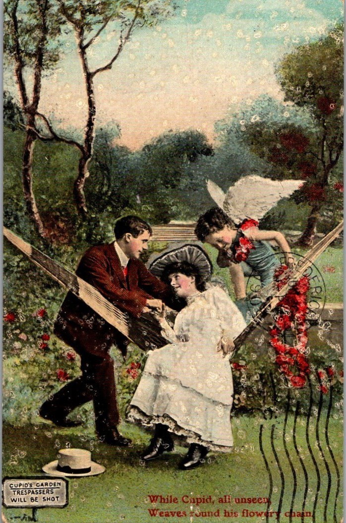 Vintage Victorian Postcard 1908 Cupid\'s Garden - Trespassers Will Be Shot