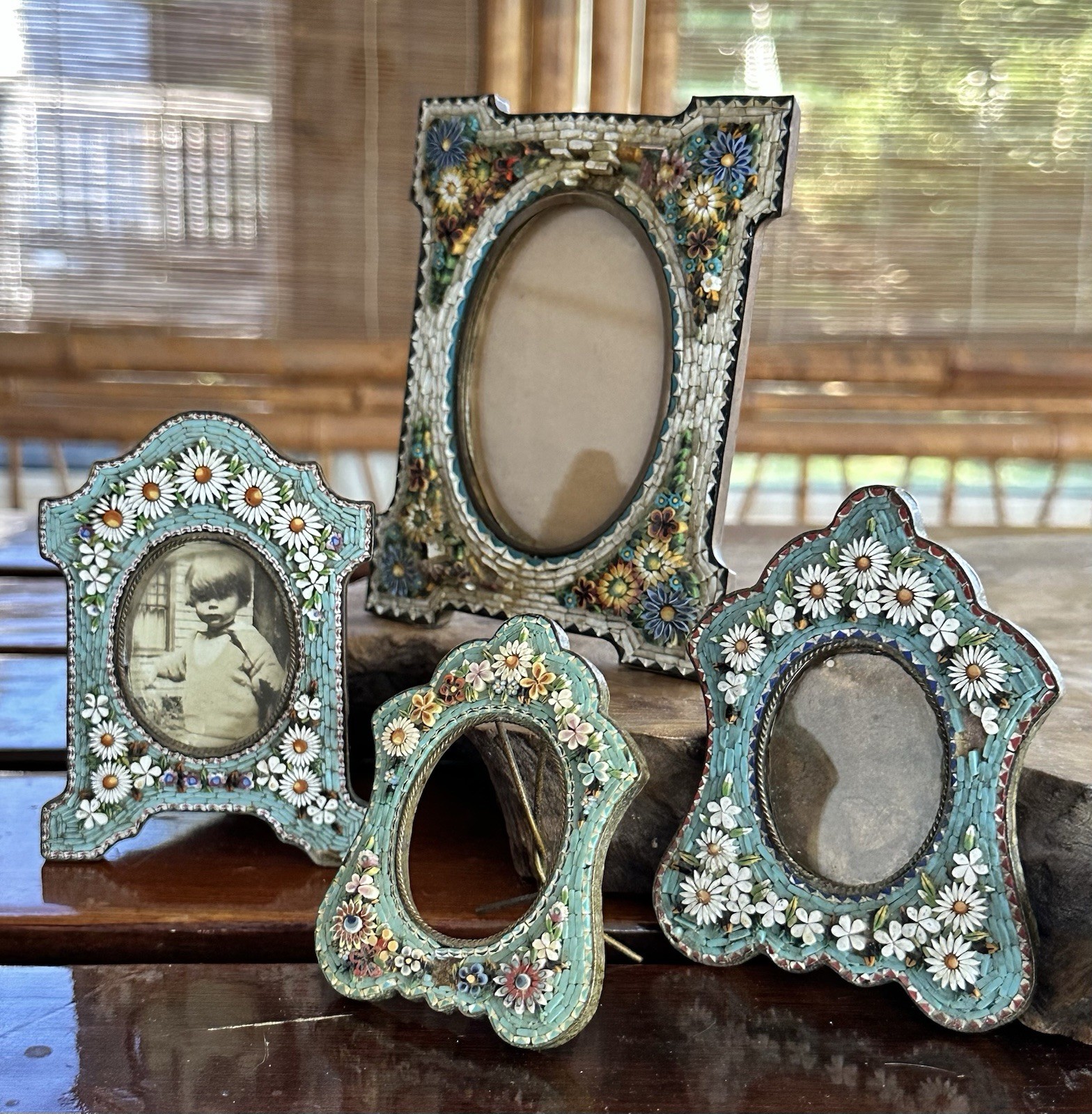 Antique Micro Mosaic Flowers Italian Picture Frame lot of 4 Matching