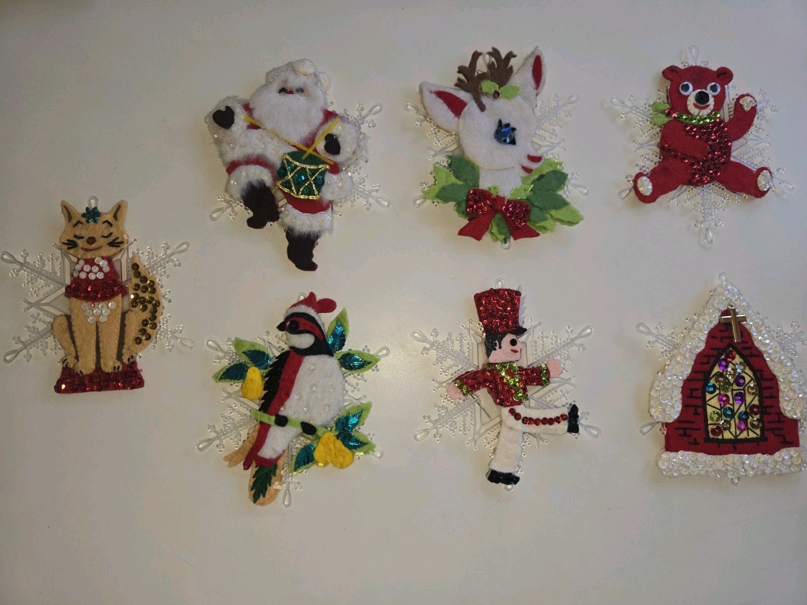 Vintage RARE Set of  7 Edna Looney Christmas Ornaments, Great Condition 