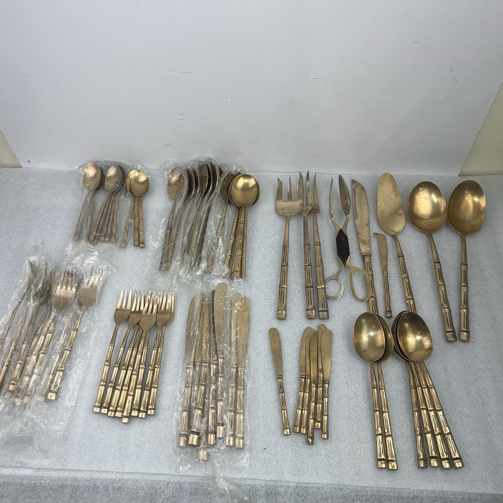 Vtg MCM Brass Bamboo Pattern Flatware 67 PCs Set Server 8 Plus Serving Sets Vtg MCM Brass Bamboo Pattern Flatware 67 PCs Set Server 8 Plus Serving Sets