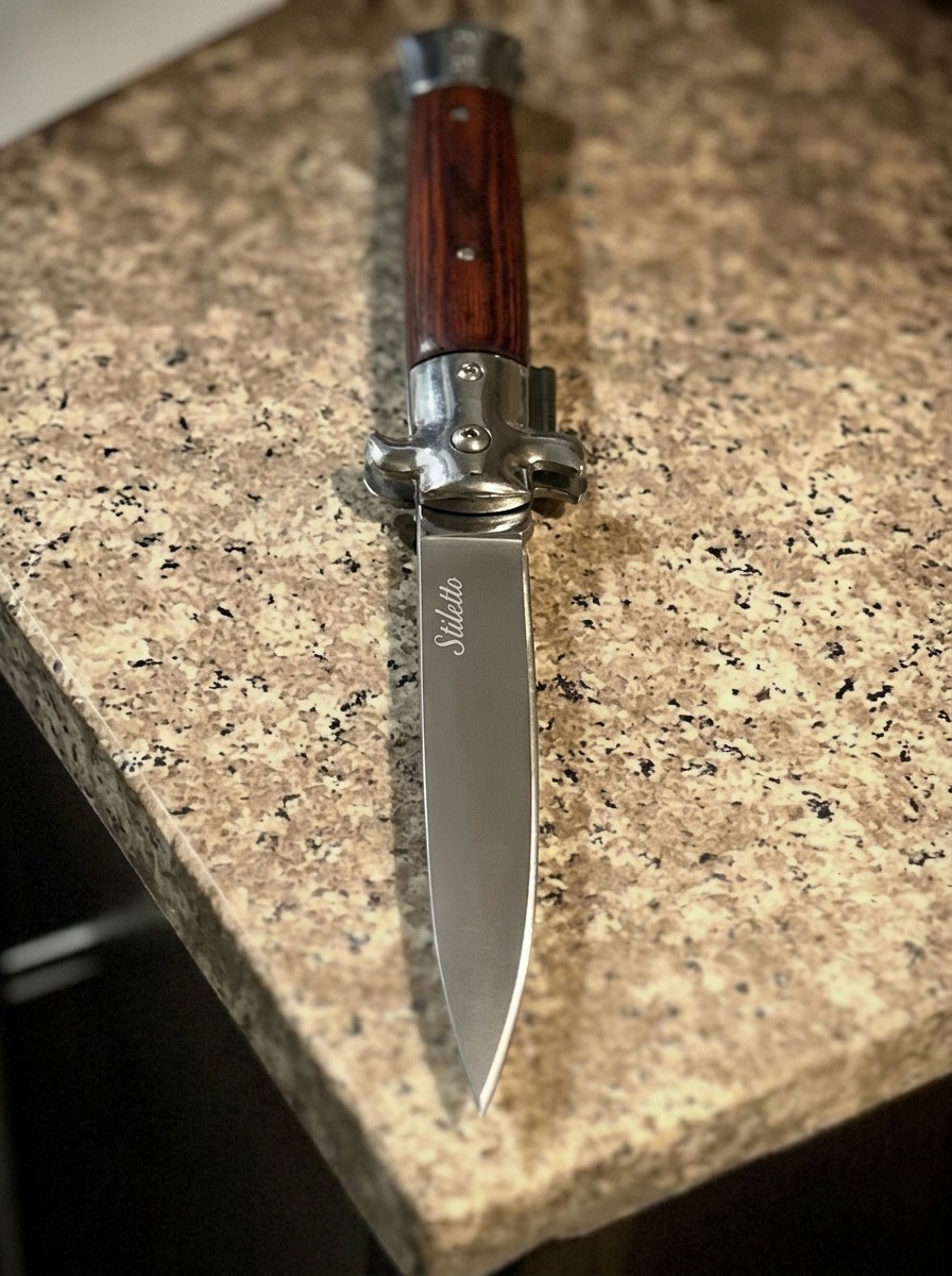 Classic Italian-Stiletto, Wood, Switch/Thumb Assist Blade, EDC Survival Tool