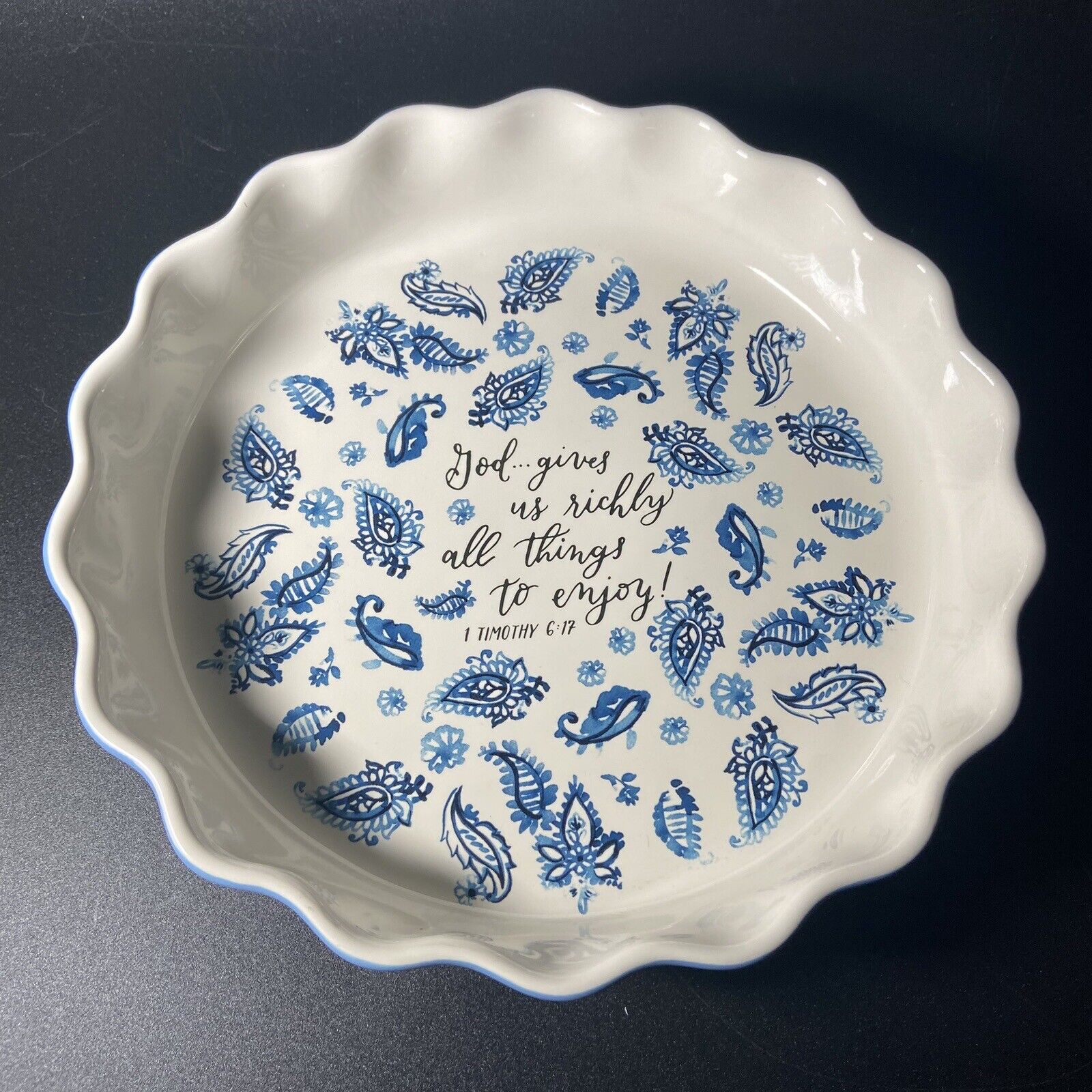 Mary and Martha Religious Pie Plate Blue with Gold Letters God Gives Us