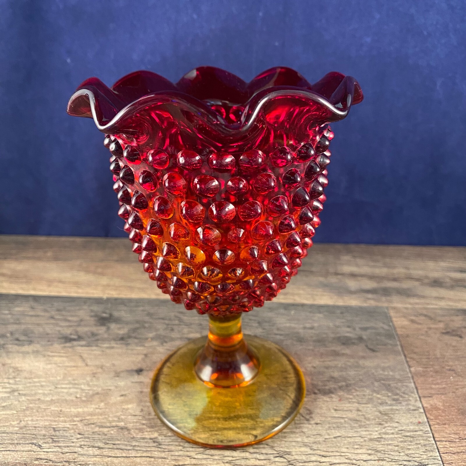 Vintage Amberina Hobnail Glass Compote Footed Pedestal Bowl 4\