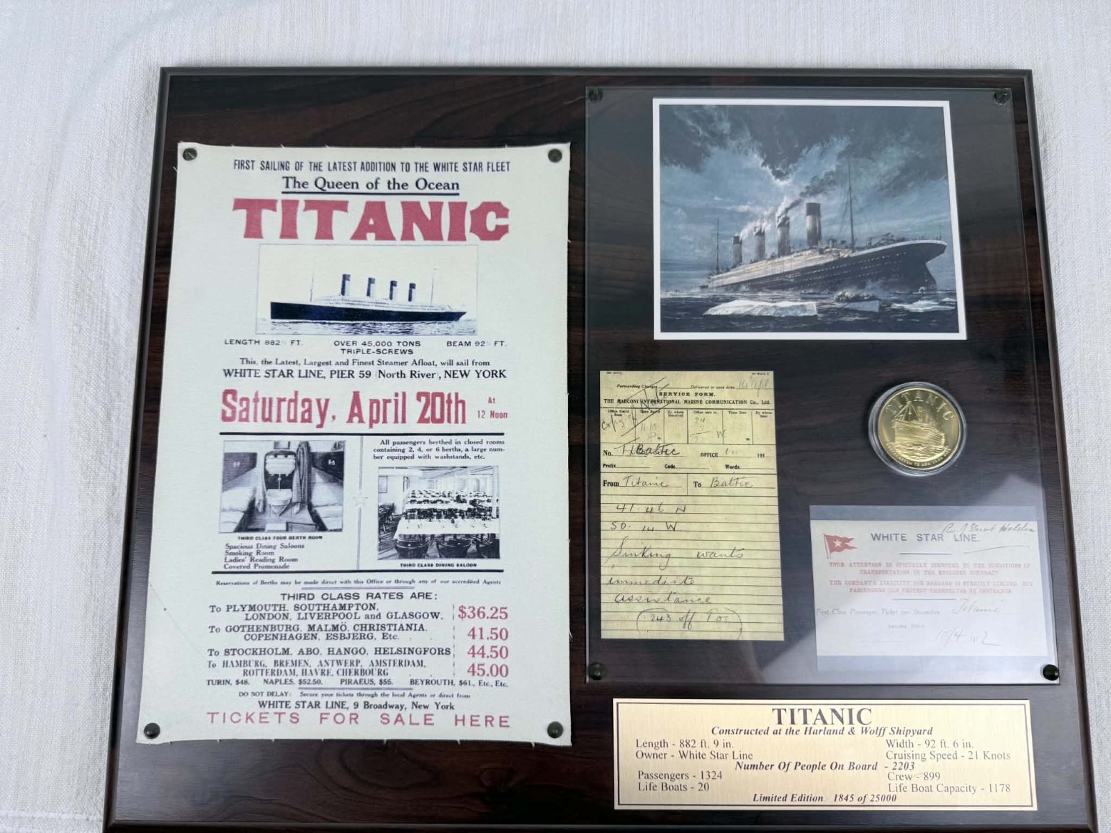 Titanic White Star Line Limited Edition 1845/25000 Framed Memorabilia Display