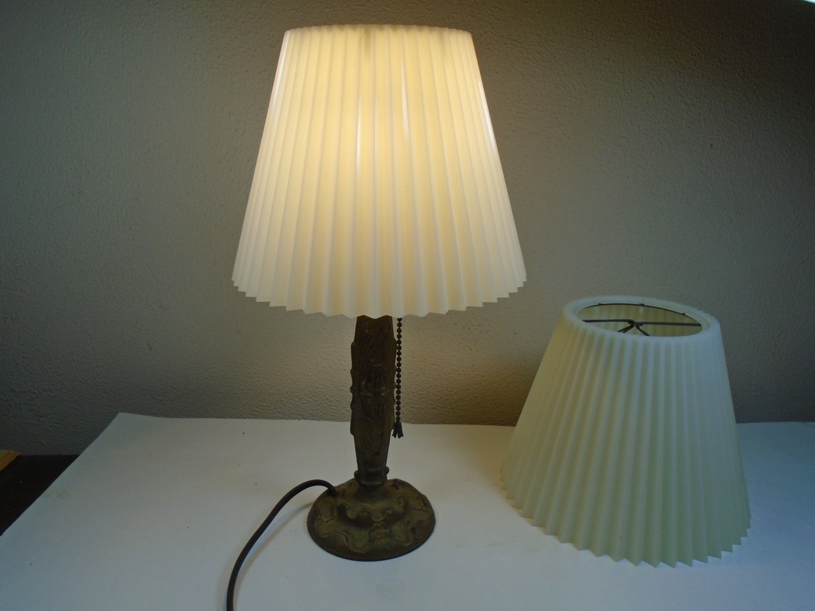 VTG. MCM WHITE HARD PLASTIC PLEATED ACCORDION STYLE CLIP-ON LAMPSHADES-PAIR