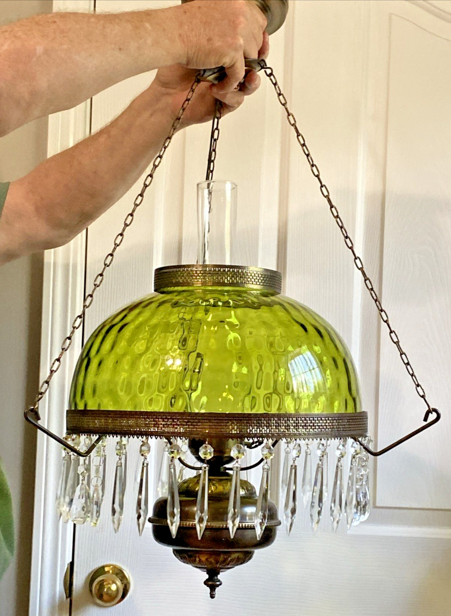 HUGE 14” Green Optic Glass Hanging Swag Hurricane Lamp Brass w/Crystals MCM