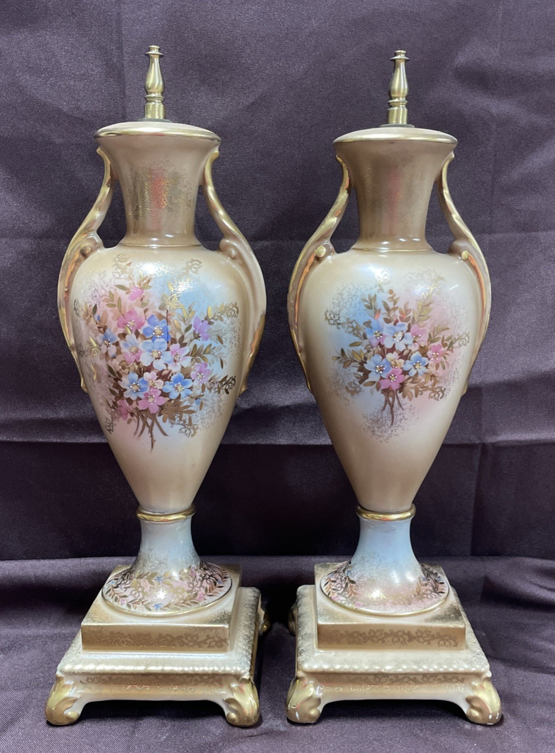 Pair Vintage Beckwith Floral Hand Painted Porcelain Urn Shape Lamp Bases - NOS