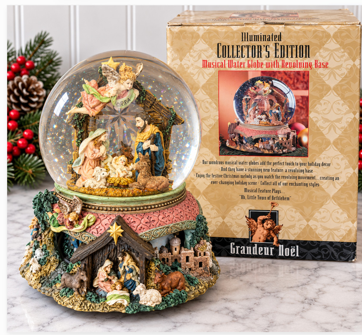 Grandeur Noel Nativity Musical Snow Globe Rotates Music Works No Light w/ Box