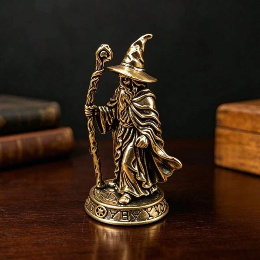 1pc Vintage Brass Wizard Figurine Mage Statue Fantasy Magic Desktop Bookshelf De