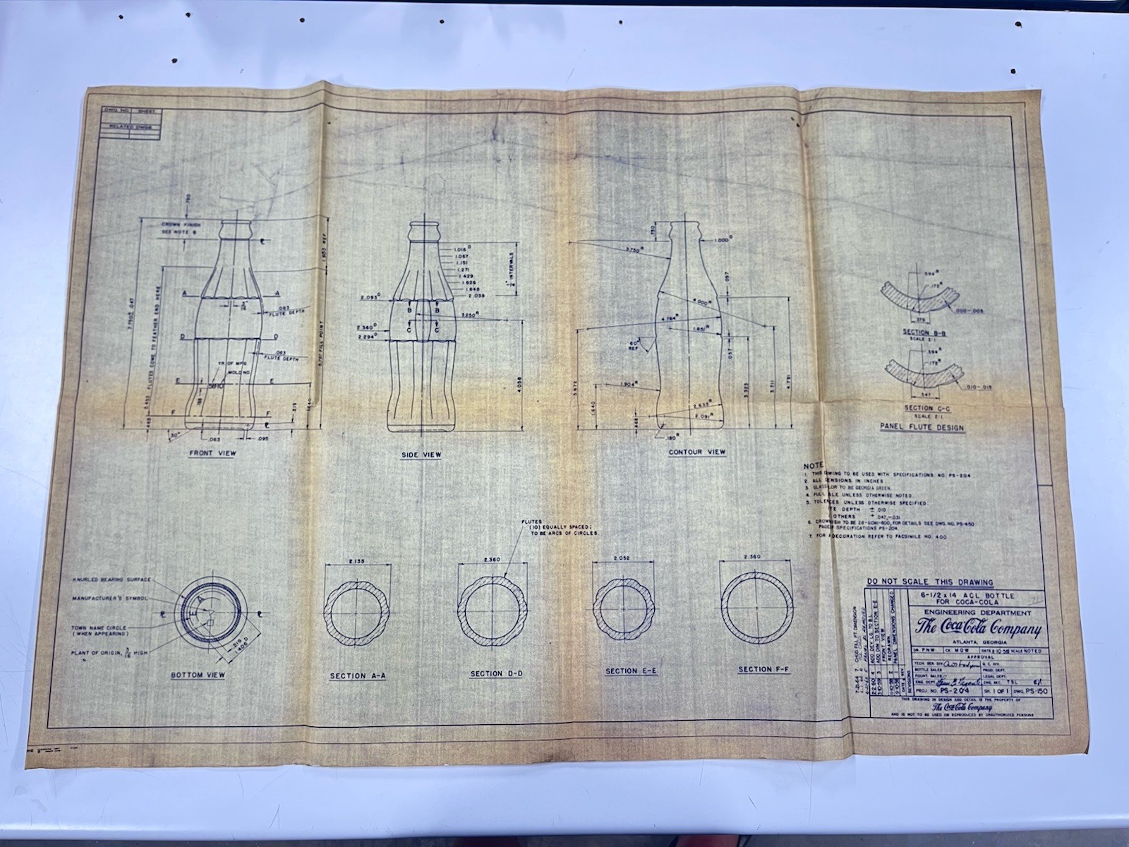 1958 Coca-Cola Bottle Original Factory Engineering Blueprint Drawing PS-150