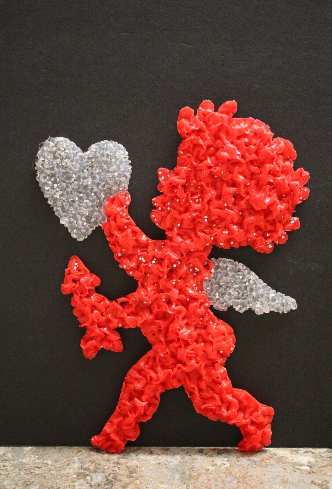 VTG melted plastic popcorn Valentines Cupid white heart & wings red arrow 10\