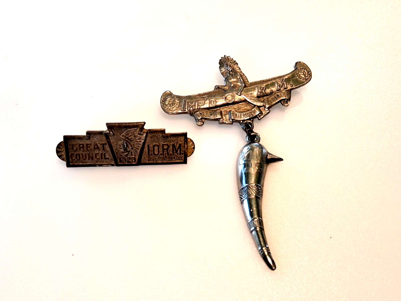 1923 TWO PINS IMPROVED ORDER OF RED MEN FRATERNAL ORDER COUNCIL NATIVE CANOE