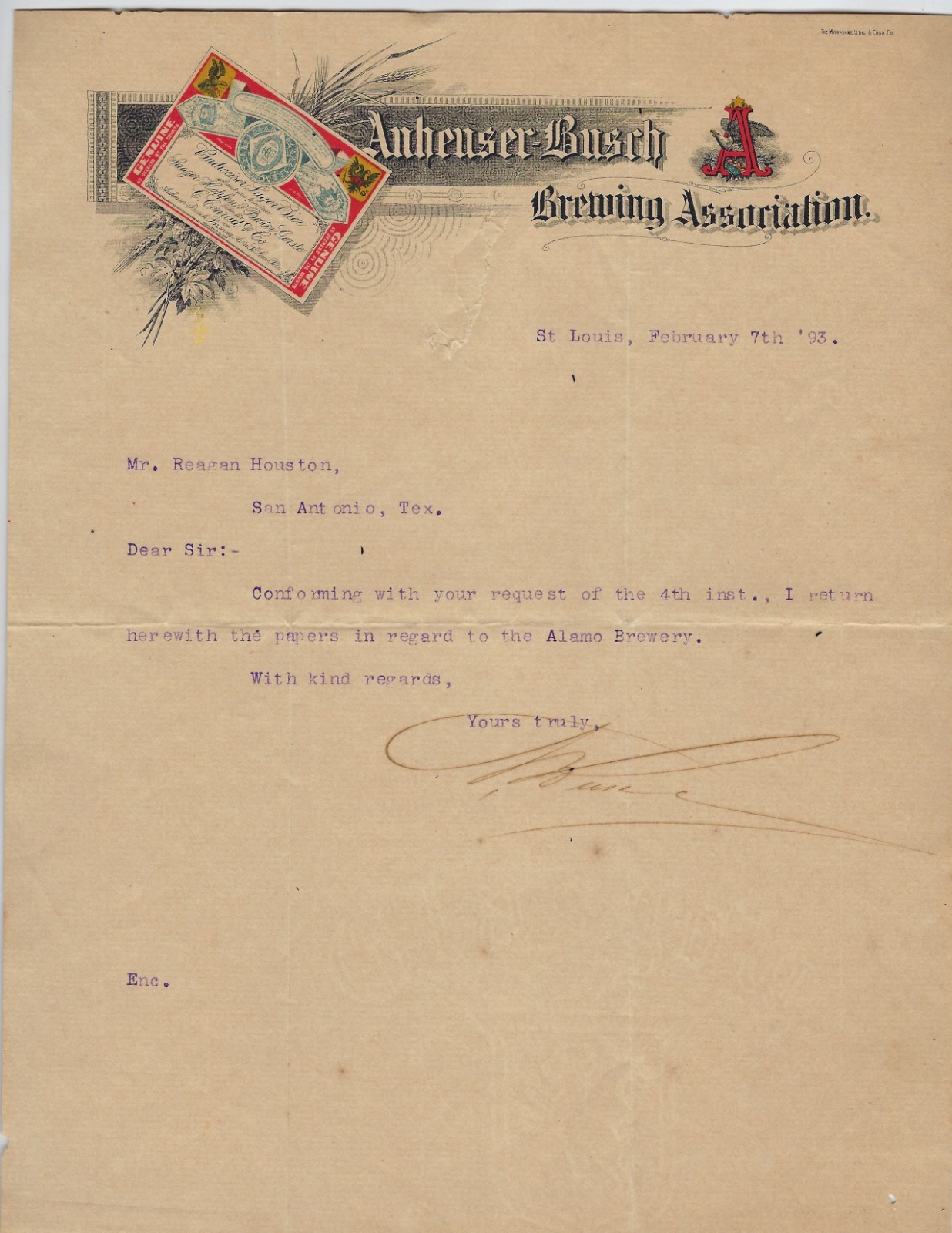 1893 Adolphus Busch SIGNED Anheuser Busch / Alamo Brewery LETTER, Budweiser LOGO