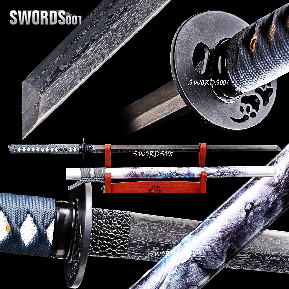 41\'\'Lion King Painted Saya Damascus Folded Steel Black Blade Ninja Sword Ninjato