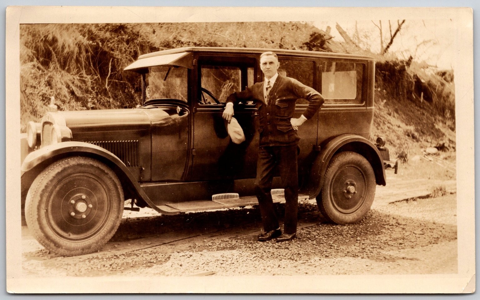 Vintage 1920s Black & White Photograph Man Leaning on Classic Car