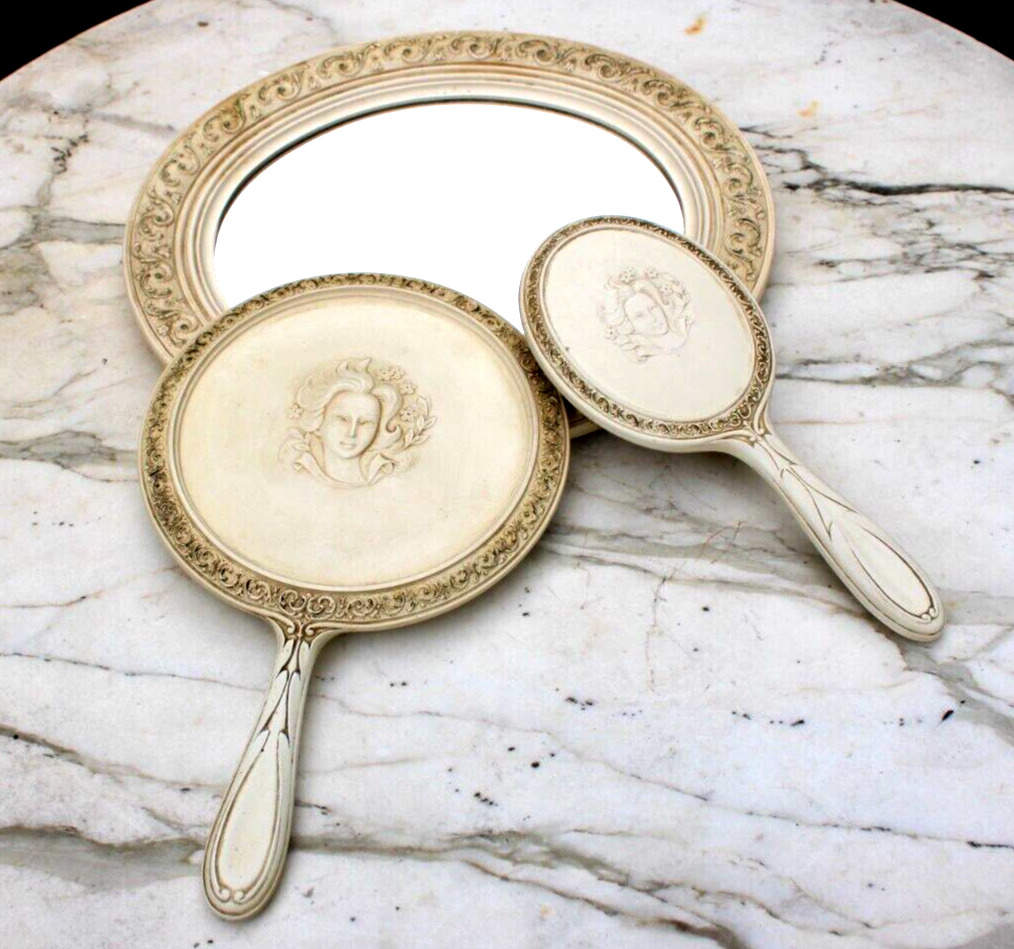 Vintage Celluloid Ivory Colored Cameo Maiden Mirror and Brush Set