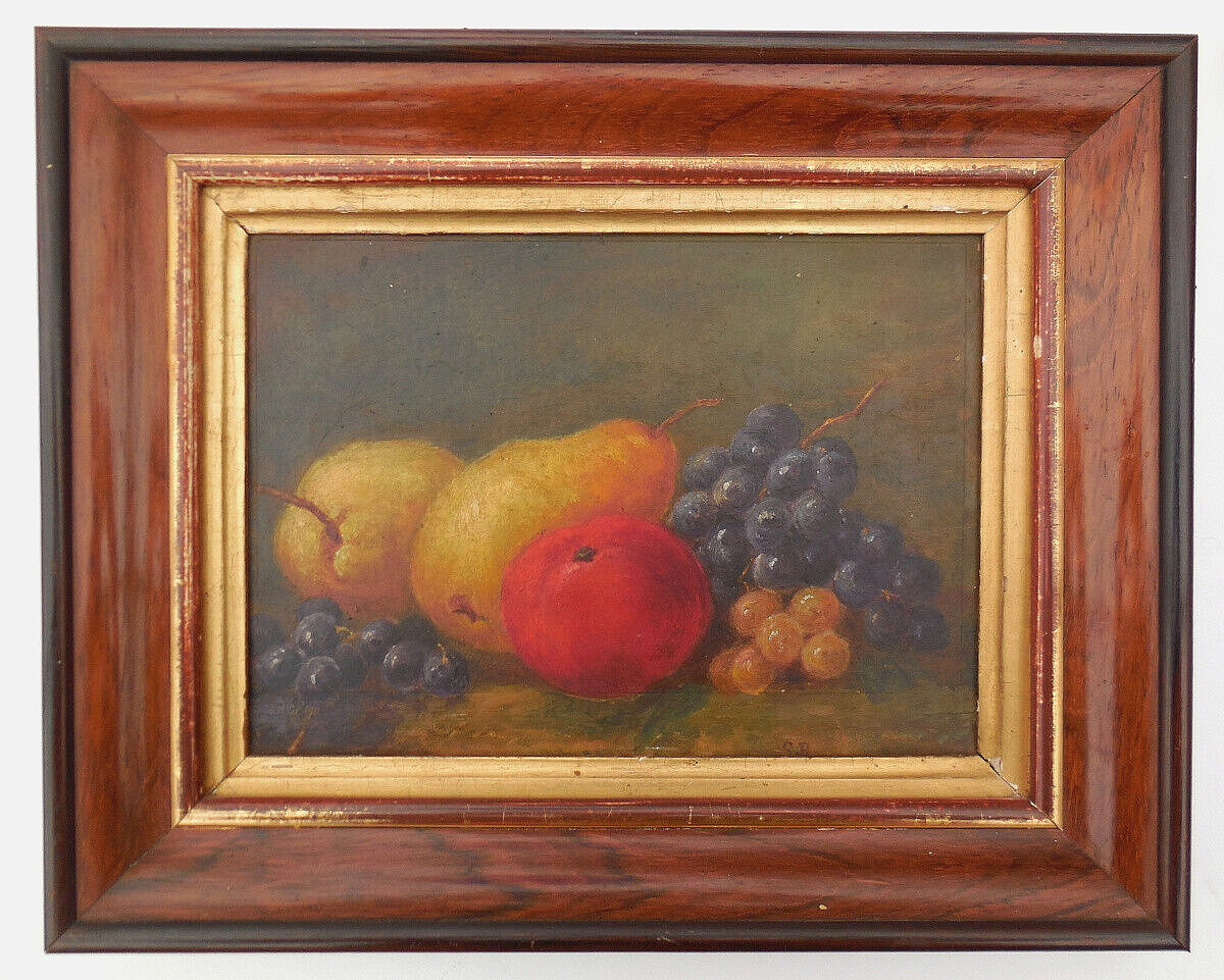 Antique C19th Victorian Oil Painting on Board Still Life with Fruit Signed c1880