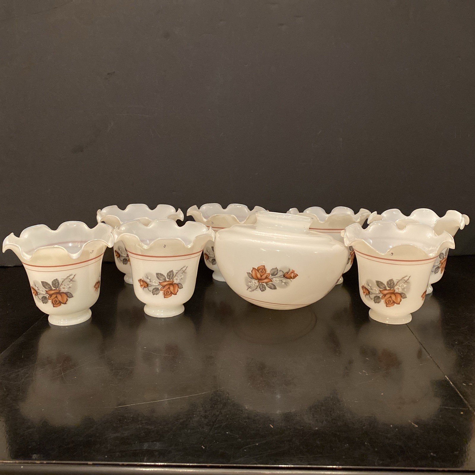 8 Pc Vintage Rose Milk Glass Lamp Shades Ruffled & Dome 2” Fitter 50’s