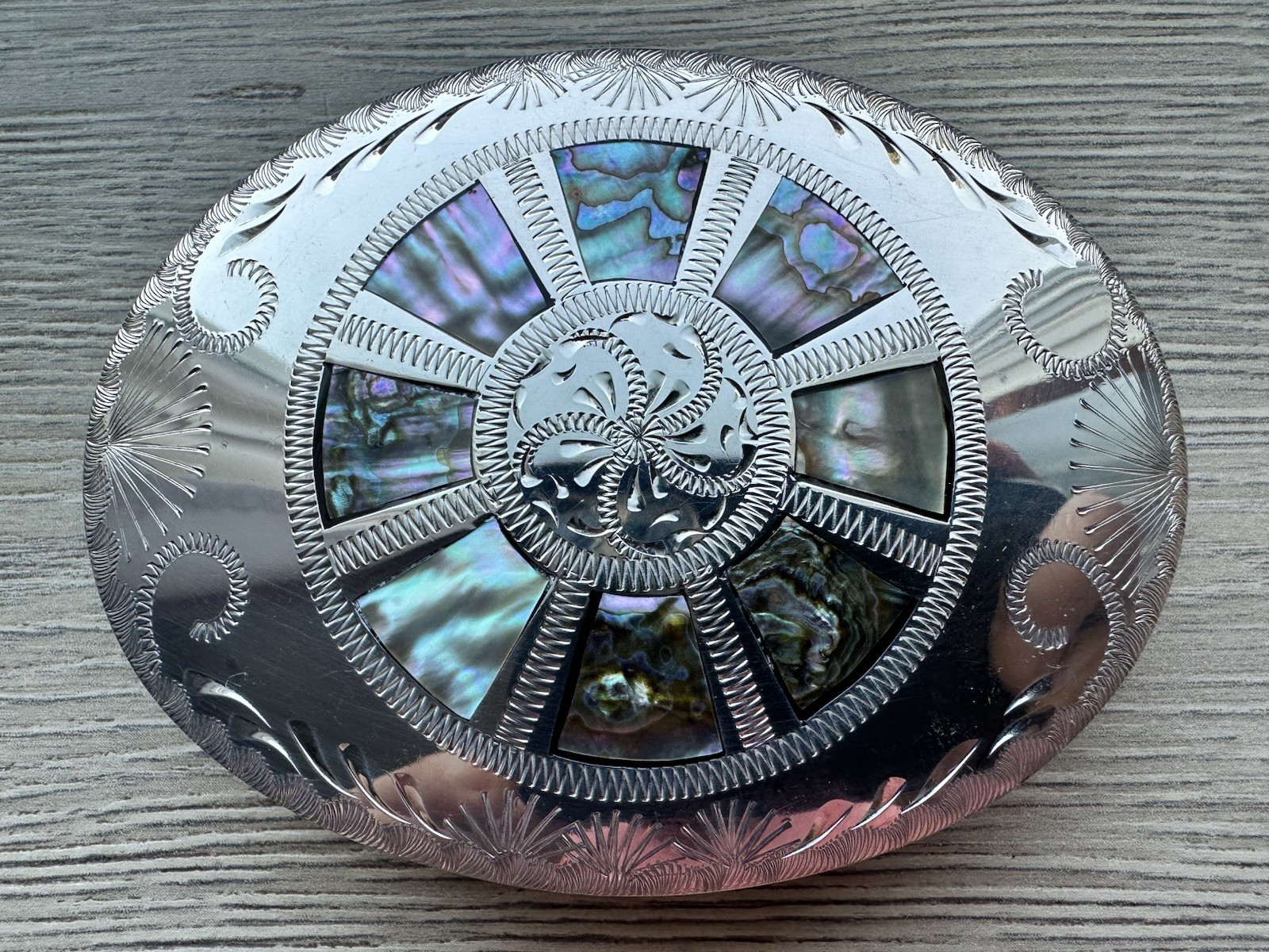 Vtg. Johnson Held Ltd Handmade Abalone Inlay Belt Buckle Denver Colorado Vtg. Johnson Held Ltd Handmade Abalone Inlay Belt Buckle Denver Colorado