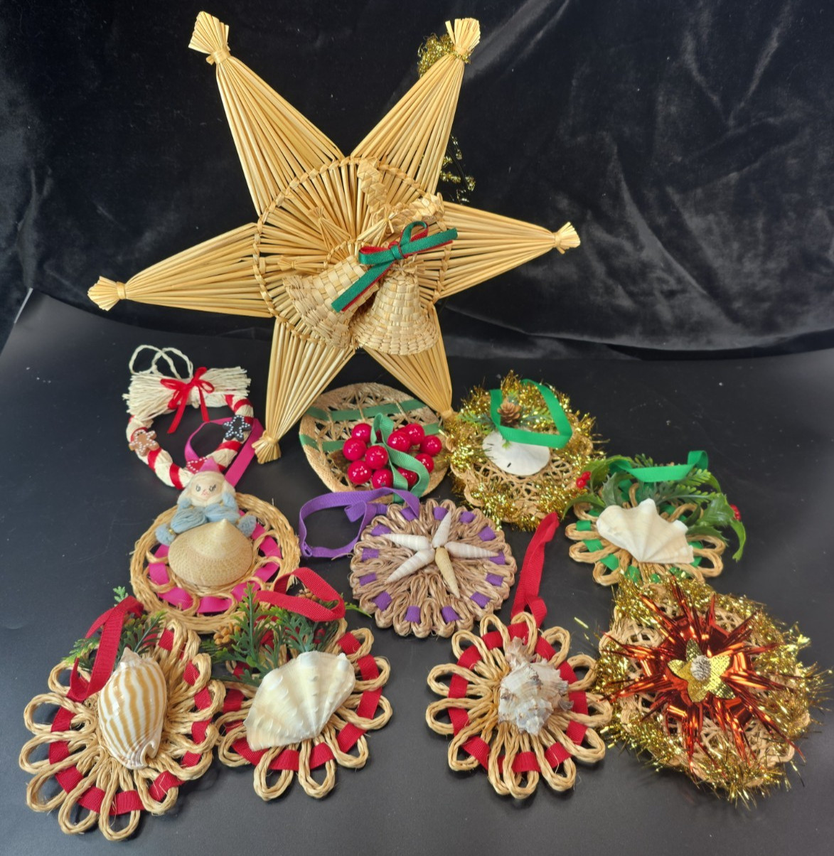 Vtg Handcrafted Straw Woven Star Seashell Wreath Folk Art Christmas Ornament Lot