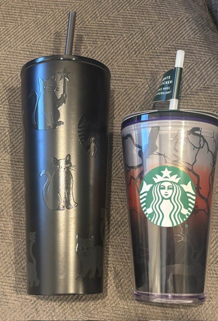 2026 Starbucks Halloween BLACK CAT 23 Oz. Cold Cup Tumbler AND 16 Oz Glow
