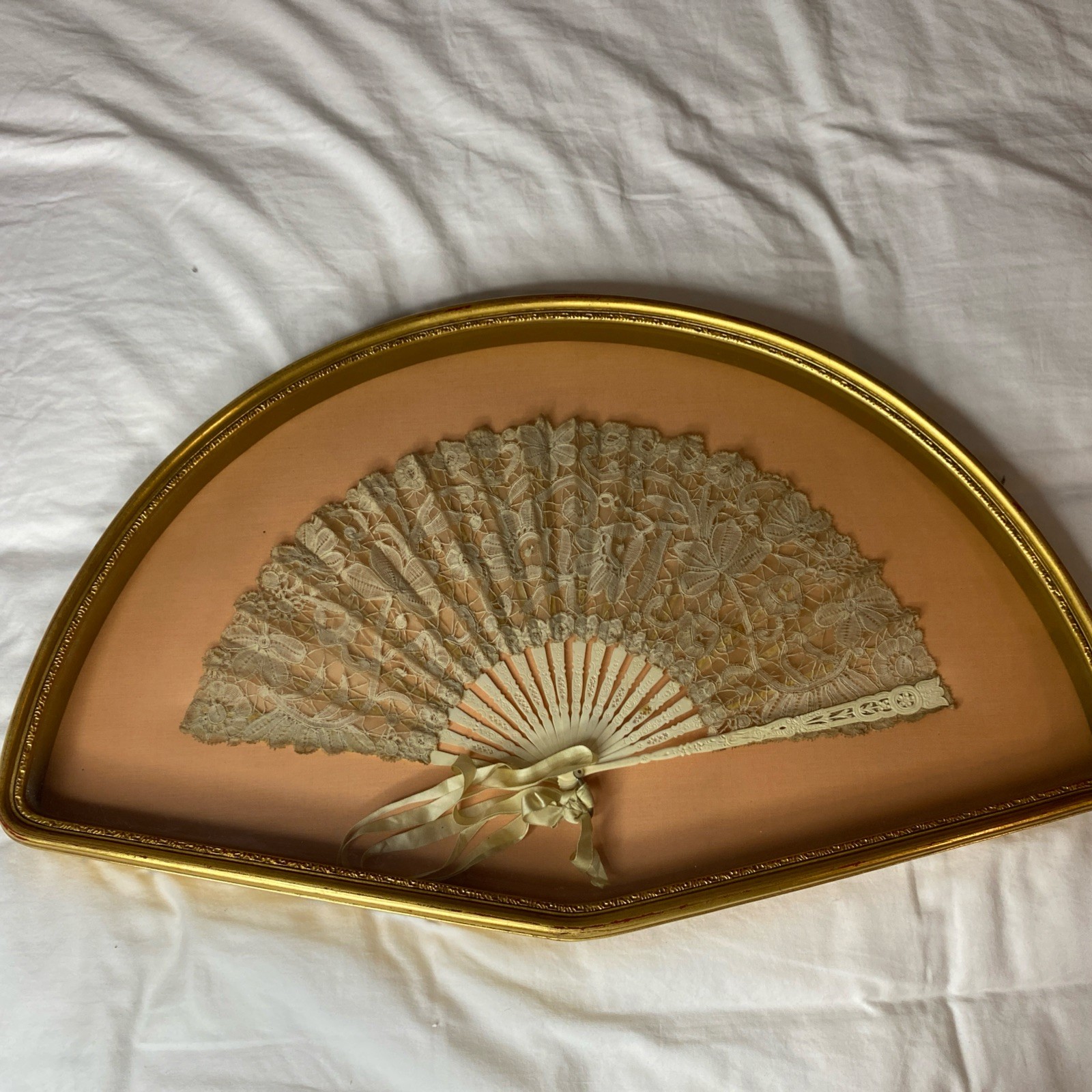 Antique Vtg Victorian Lace Hand Fan Shadow Box Gold Frame Wall Display Feminine
