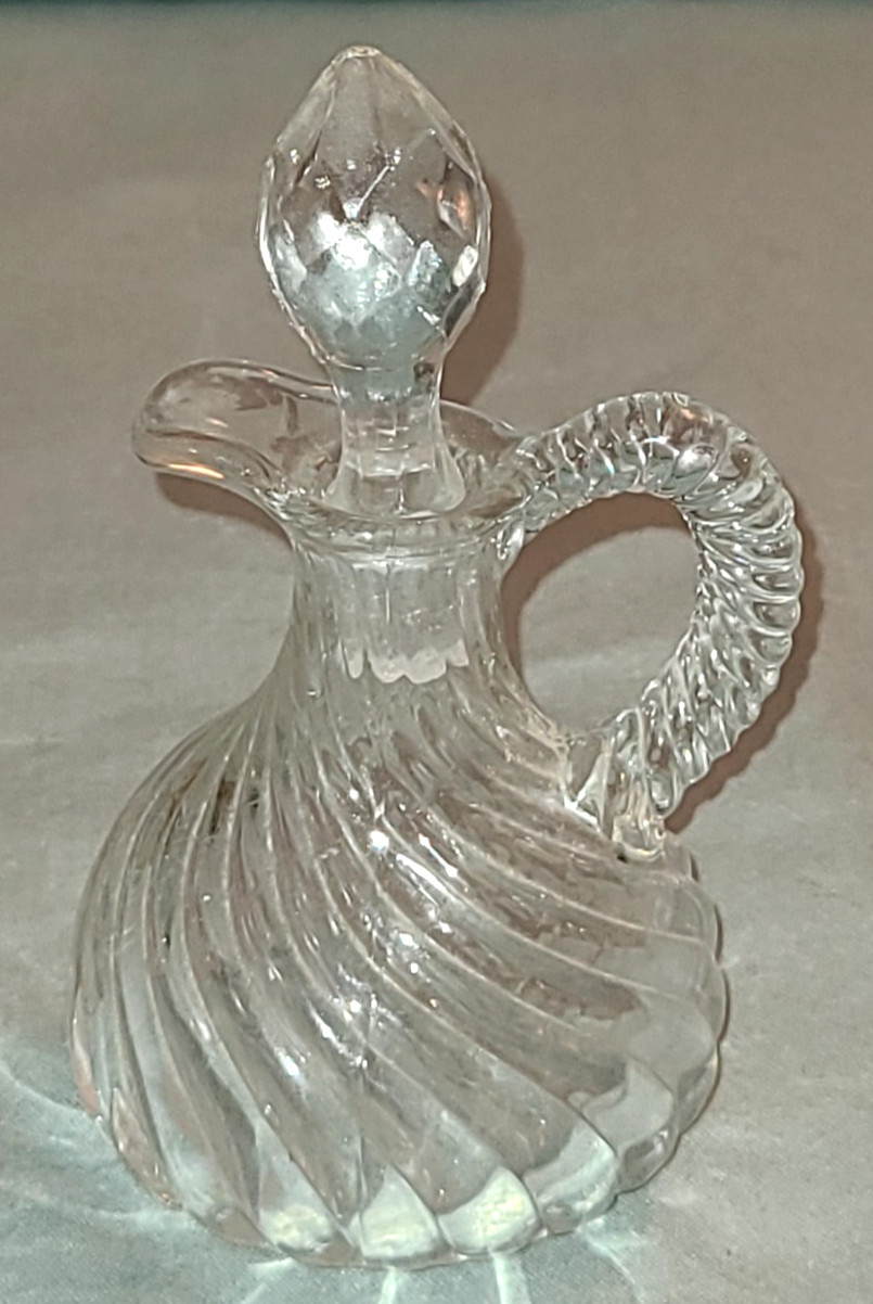 Vtg EAPG clear pressed glass swirl cruet bottle w faceted stopper