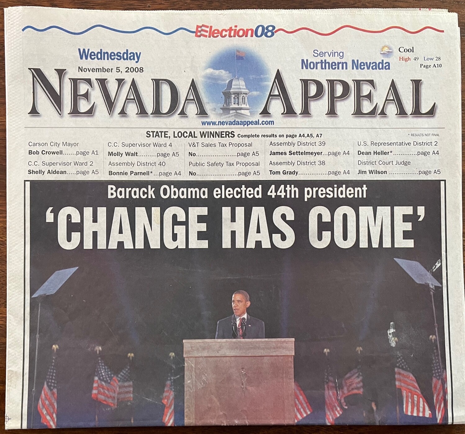 BARACK OBAMA ELECTED 44TH PRESIDENT - ELECTION 08 - NEVADA APPEAL NEWSPAPER 2008