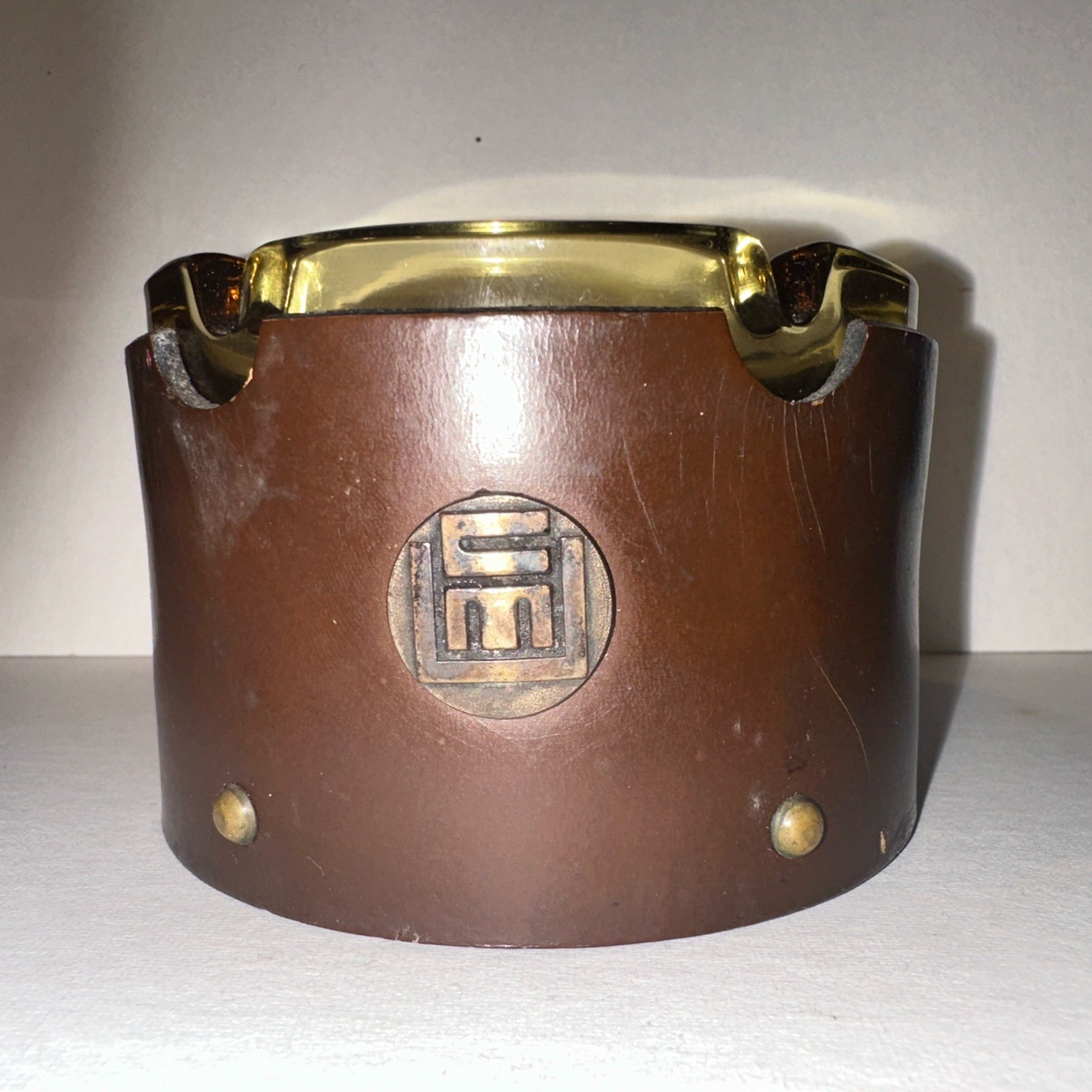 Vtg 1980s CMU Carnegie Mellon University Glass Ashtray W/Signet On Leather Cover