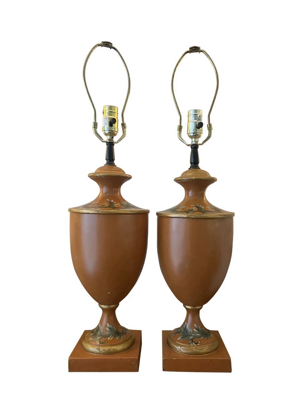 Pair Vintage Tuscan French Country Terracotta Orange & Gold Painted Urn Lamps
