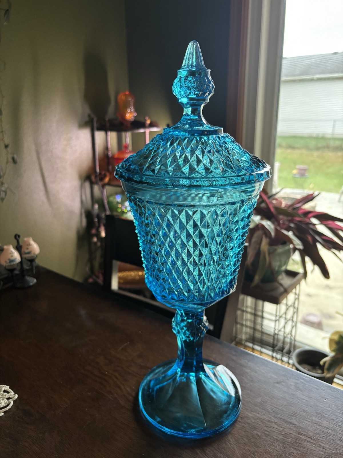 Huge 16” Indiana Glass Blue Diamond Point Apothecary Jar Canister