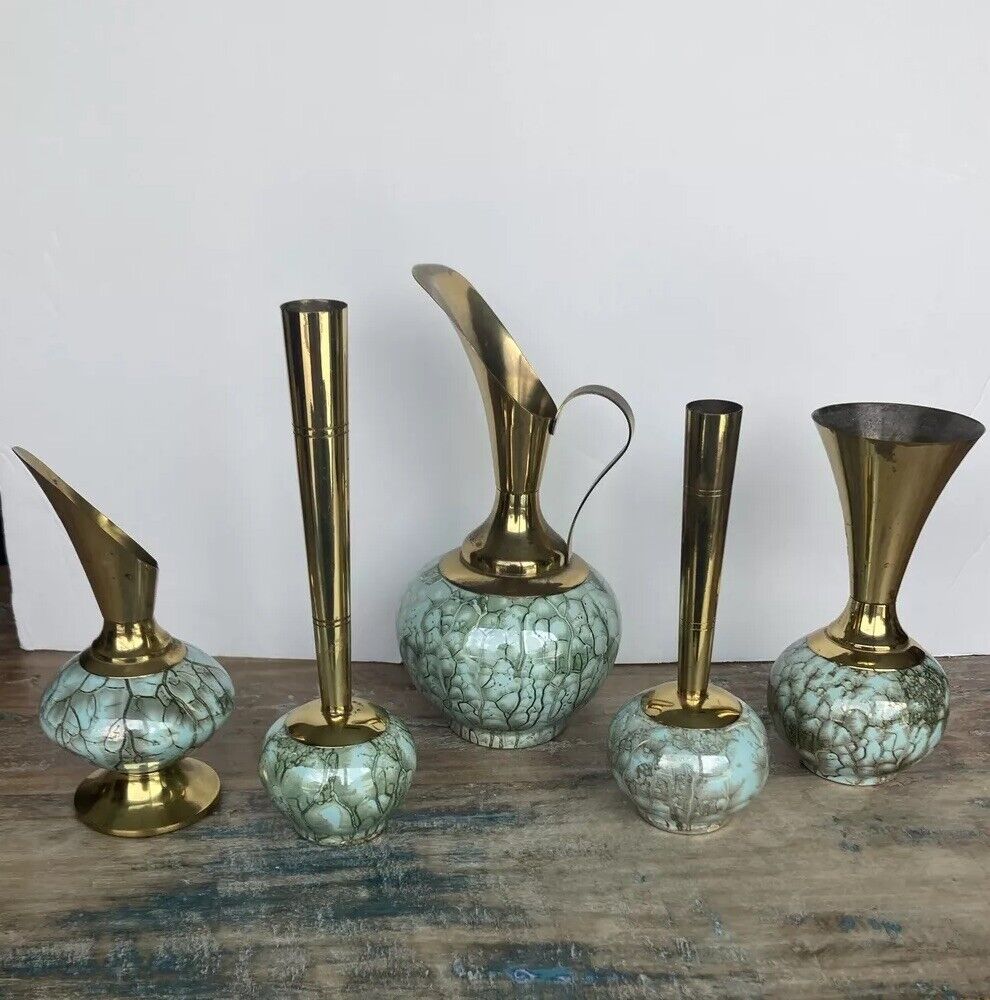 Vintage Retro Lot of 5 MCM Delft Brass & Glassware Assorted Vases Pitcher