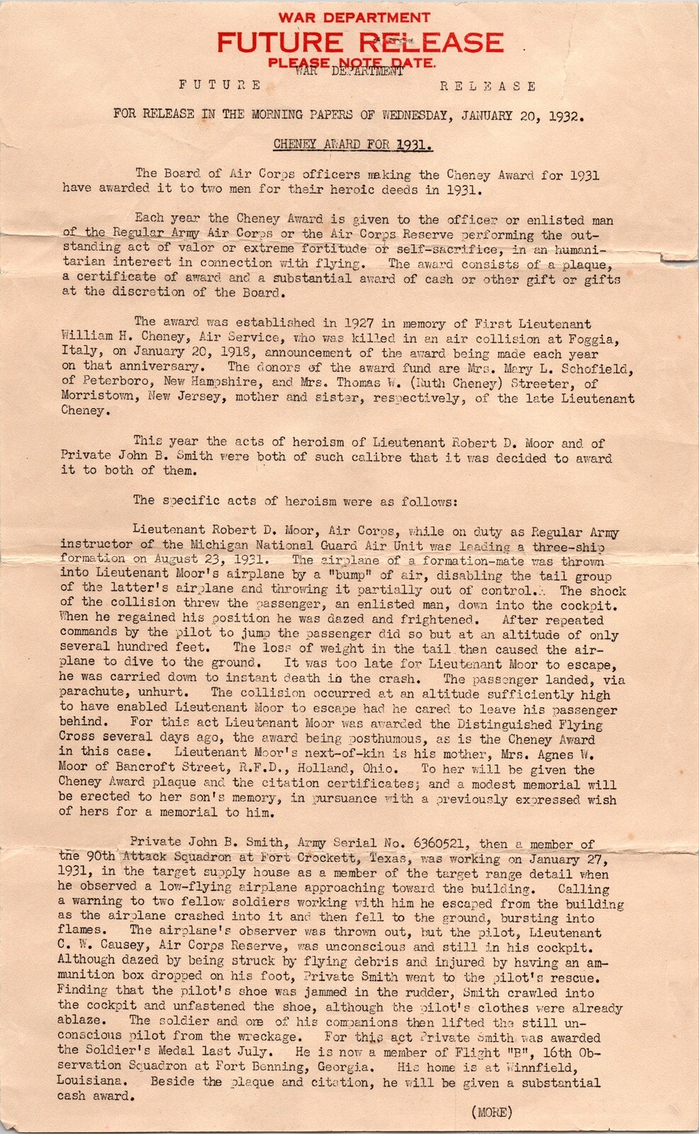Vtg Document 1932 US War Department News Release Cheney Award Army Air Corps