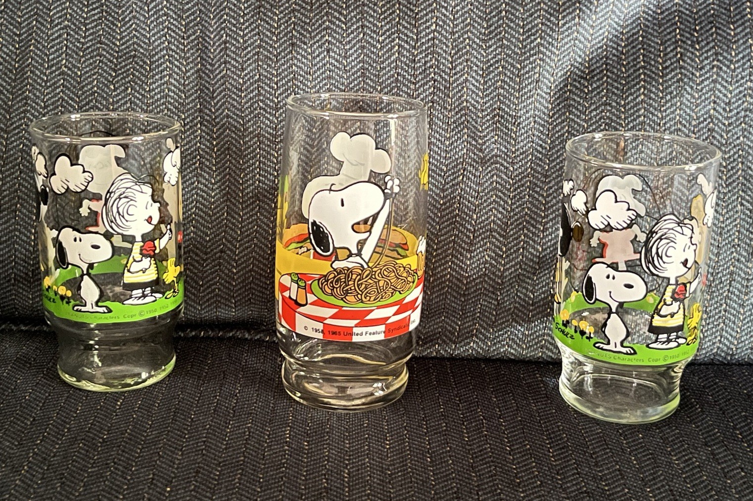 3 Vintage Peanuts Snoopy Drinking Glasses Jumping Rope & Sub Sandwich Spaghetti