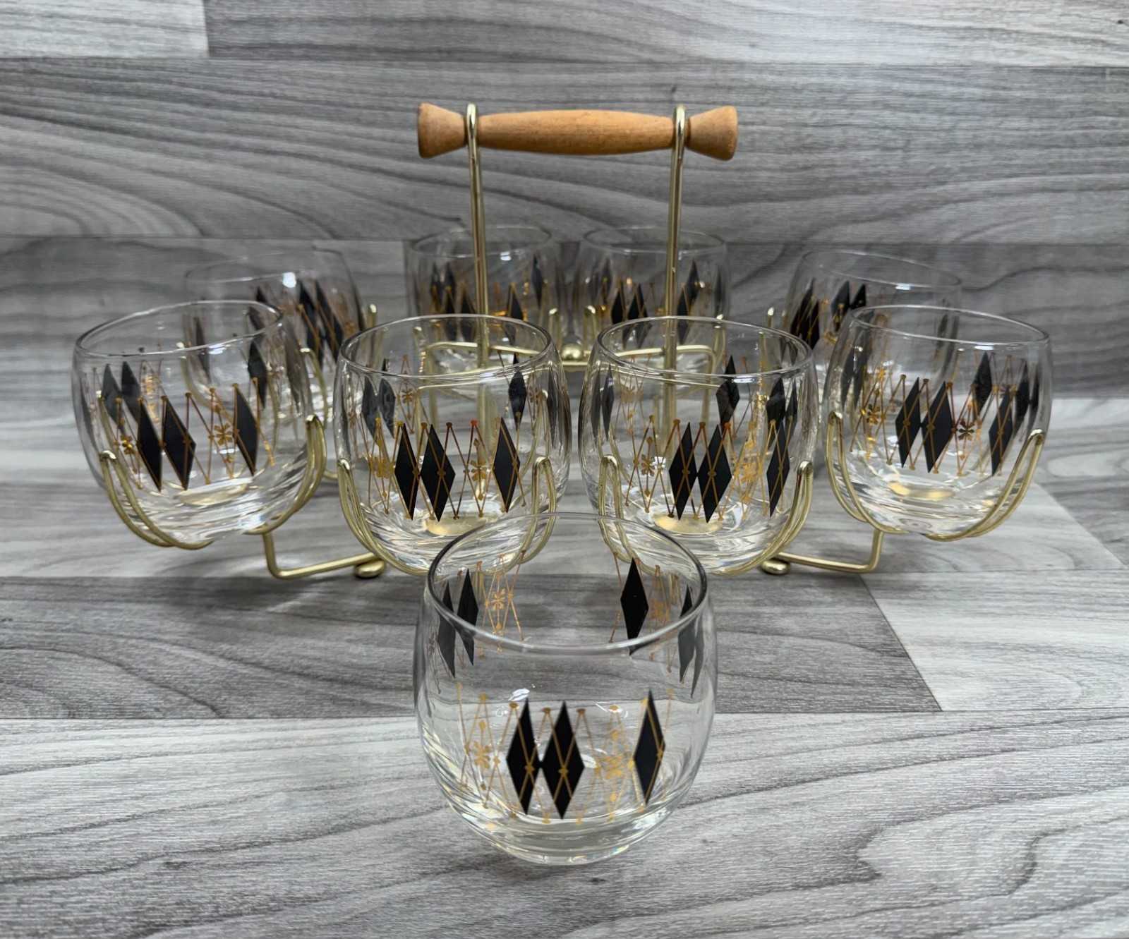 FEDERAL GLASS HARLEQUIN ROLY POLY GLASSES CADDY SET MCM ATOMIC BARWARE BLK  GOLD
