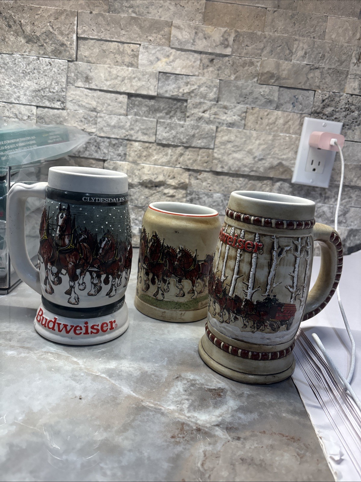 THREE Budweiser 1980/ 1981/1982 #1-#2-#3 Christmas Holiday Series Stein Mug #W